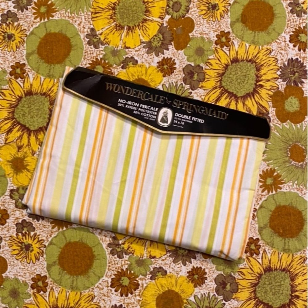 NWT Vintage 60s orange, green, yellow, and white striped sheet